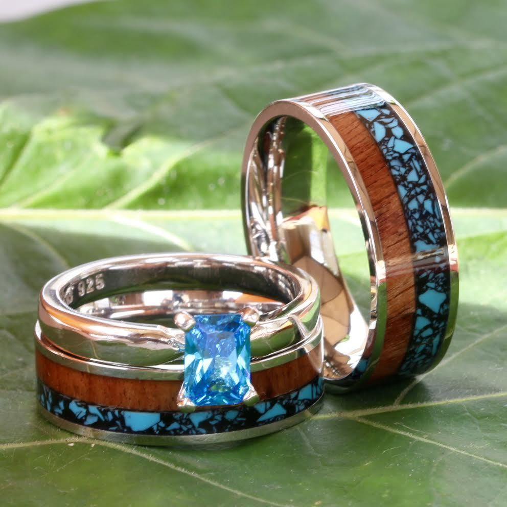 3 Piece Wedding Ring Sets For Him And Her
 His and Her 3 piece Wedding Band Set Turquoise Koa Wood