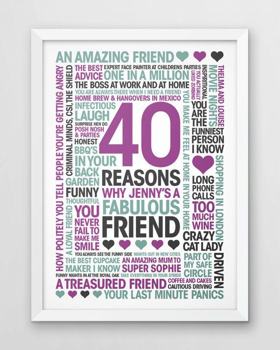 40Th Birthday Gift Ideas For Best Friend
 Personalised 40 reasons for friend 40th birthday print