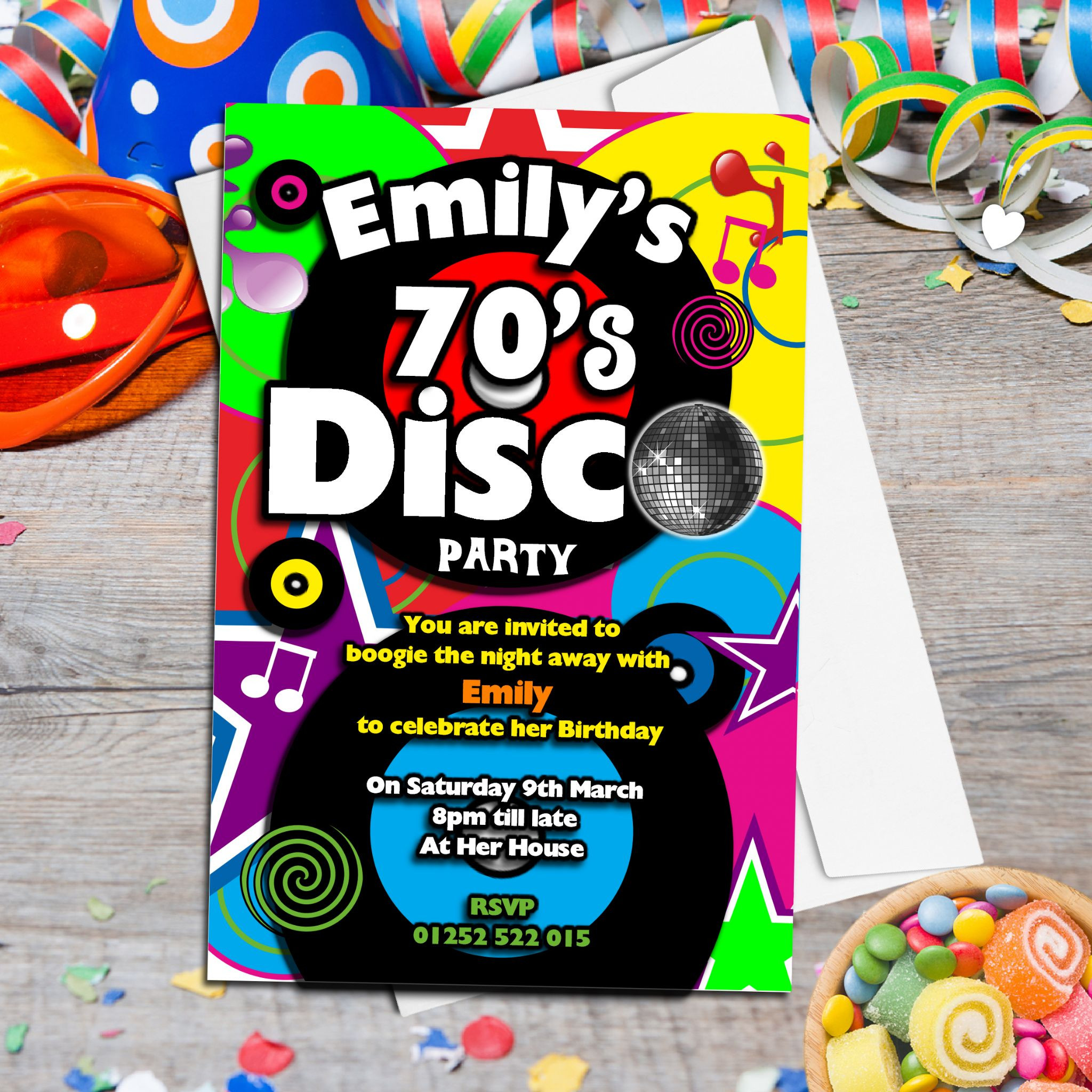 70 Birthday Party Invitations
 10 Personalised 70 s Disco Birthday Party Invitations N130
