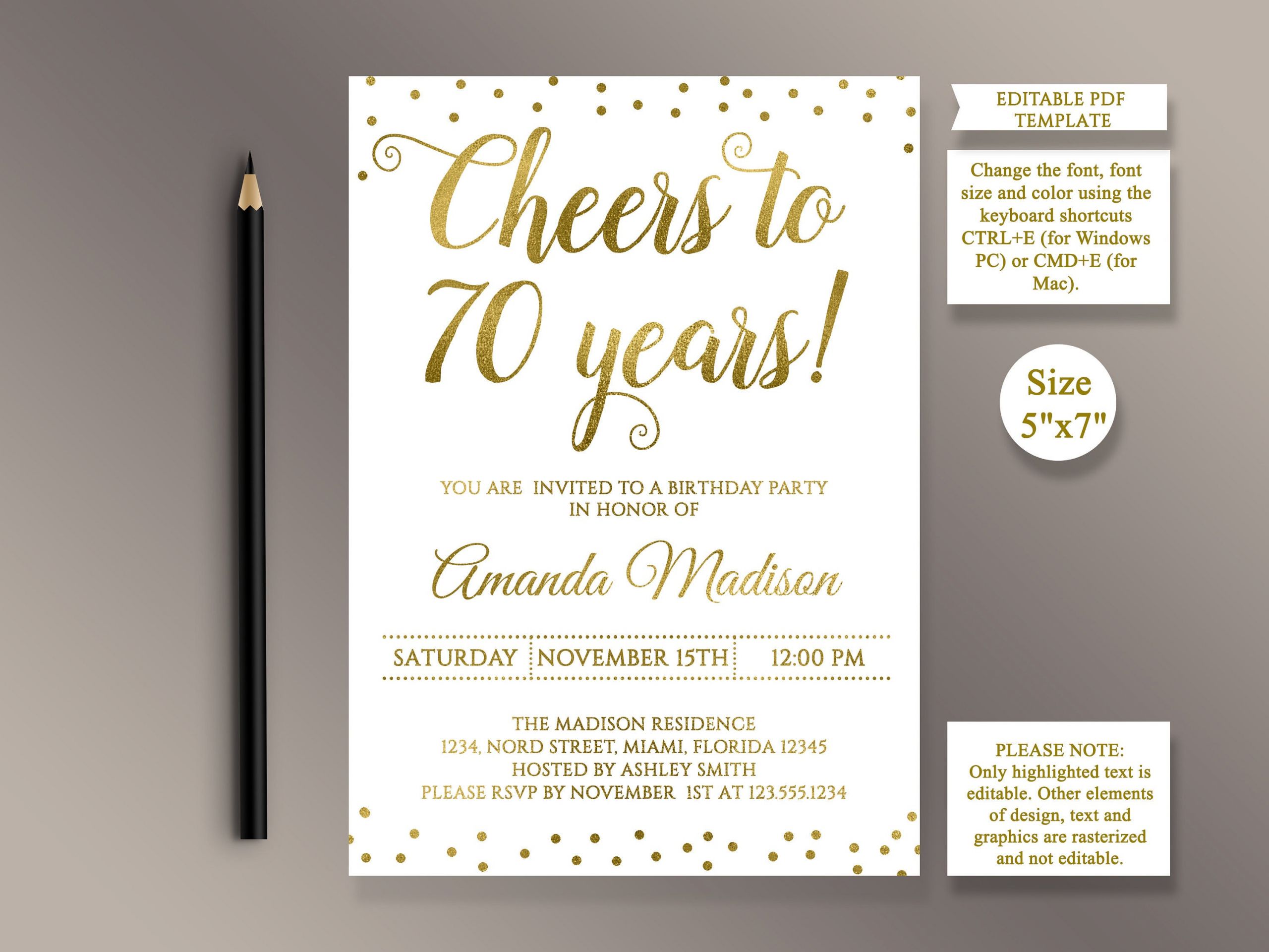 70 Birthday Party Invitations
 EDITABLE 70th Birthday party Invitation template Cheers to