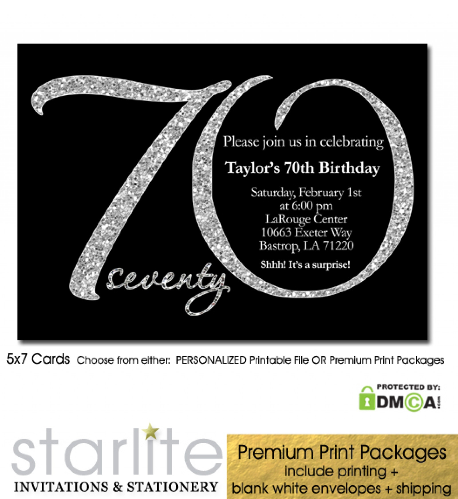 70 Birthday Party Invitations
 Black Silver Glitter 70th Birthday Invitation Modern
