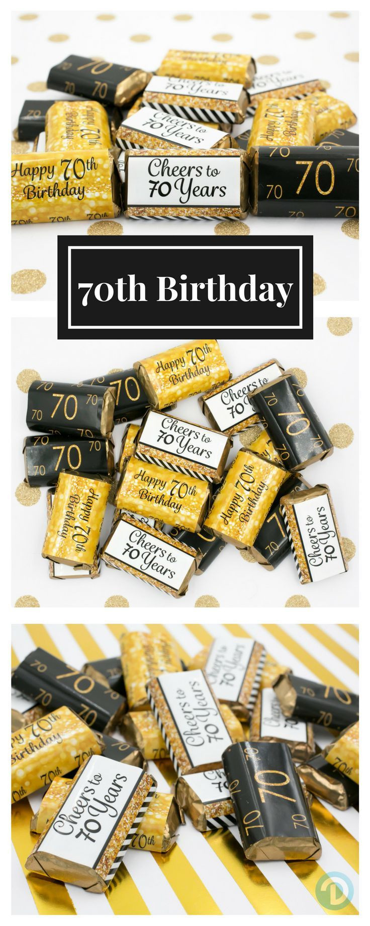 70th Birthday Party Favors
 Black and Gold 70th Birthday Party Mini Candy Bar Stickers