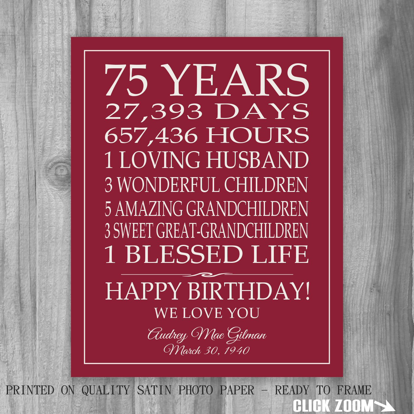 75Th Birthday Gift Ideas For Grandma
 75th BIRTHDAY GIFT Sign Print Personalized Art Mom Dad Grandma