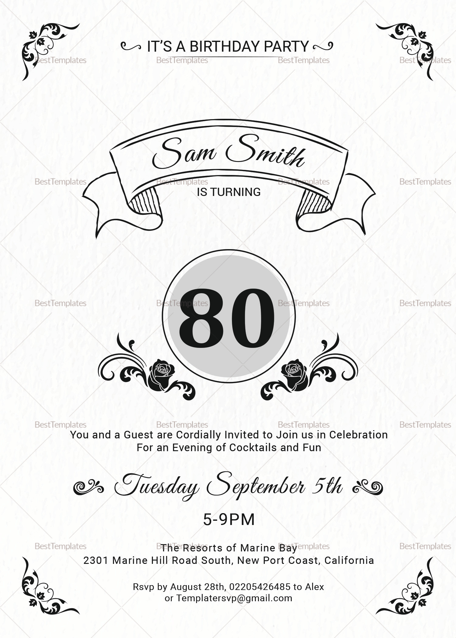 80th Birthday Invitations Templates
 80th Birthday Party Invitation Design Template in Word