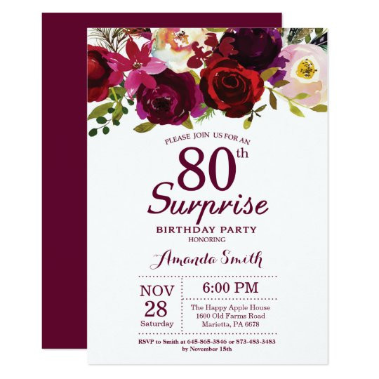 80th Birthday Invitations Templates
 Burgundy Surprise Floral 80th Birthday Party Invitation