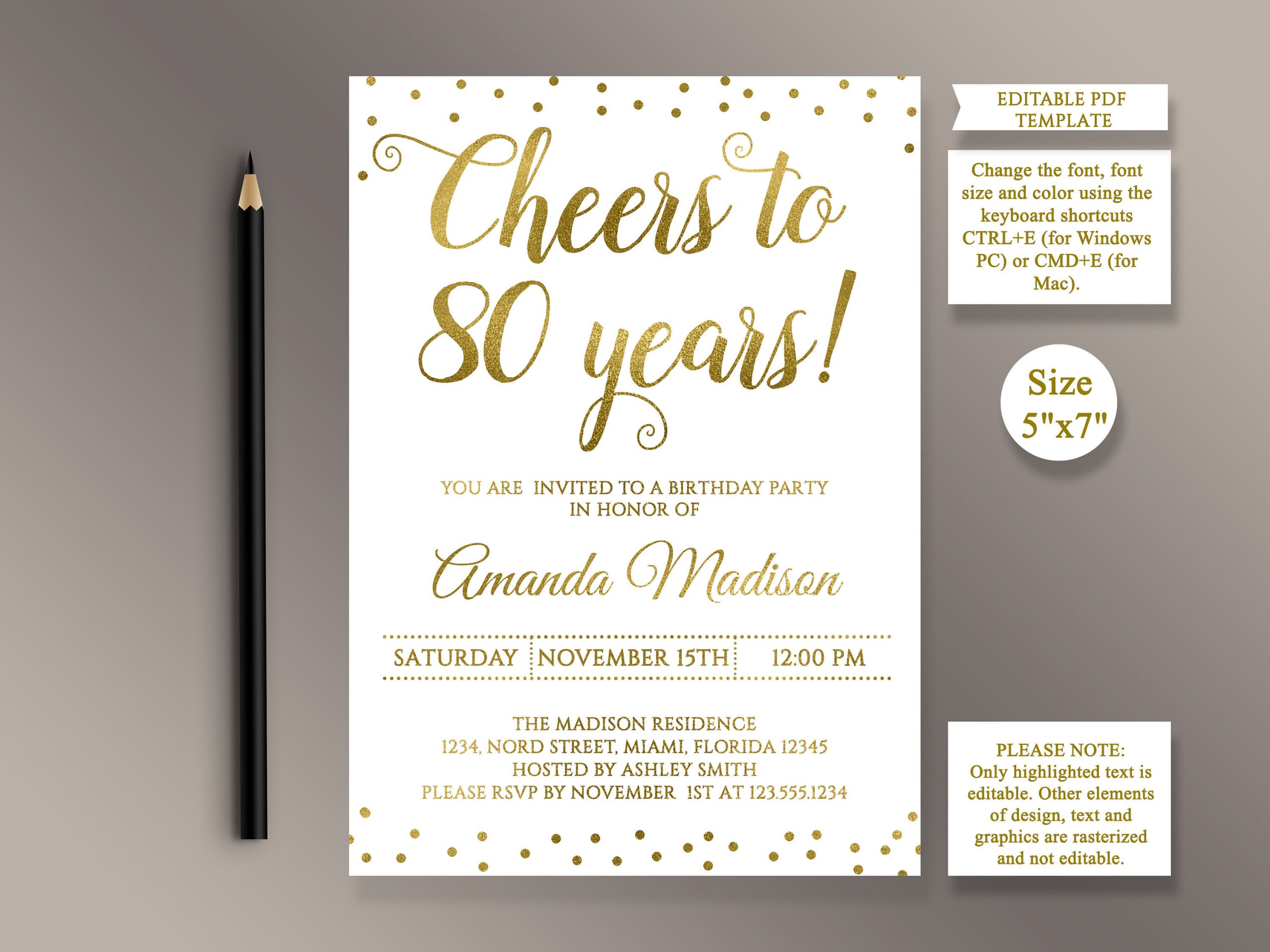 80th Birthday Invitations Templates
 EDITABLE 80th Birthday party Invitation template Cheers to