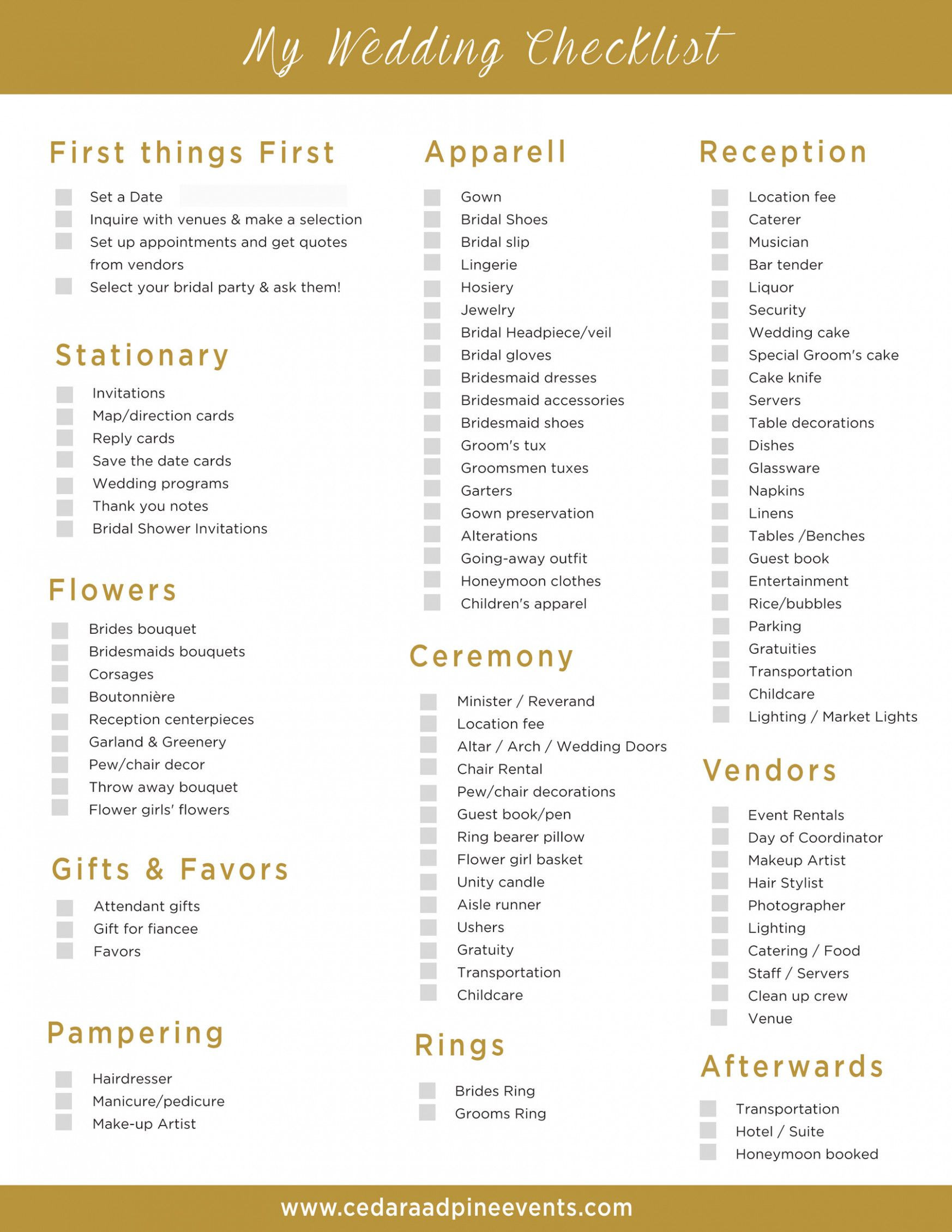 A List Of Wedding Themes
 Wedding Reception Checklist Free Printable