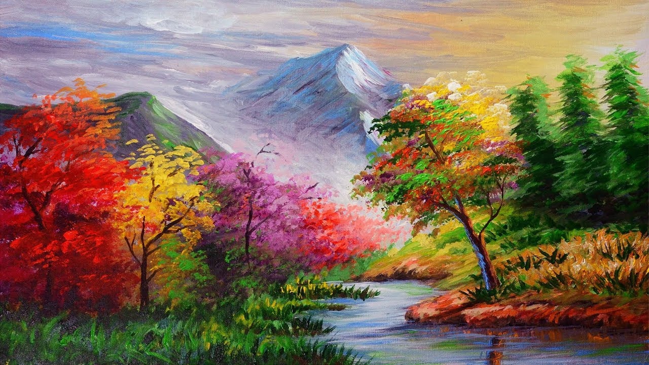 Acrylic Landscape Painting
 How to paint step by step basic Landscape with Autumn