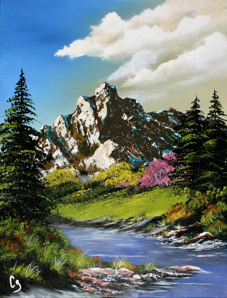 Acrylic Landscape Painting
 VIBRANT MOUNTAIN & STREAM ACRYLIC 12x16" LANDSCAPE