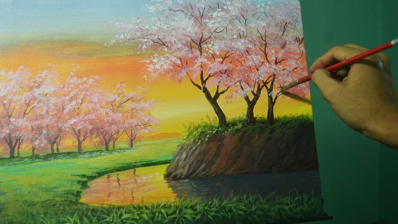 Acrylic Landscape Painting
 Acrylic Landscape Painting Lesson Cherry Blossoms on