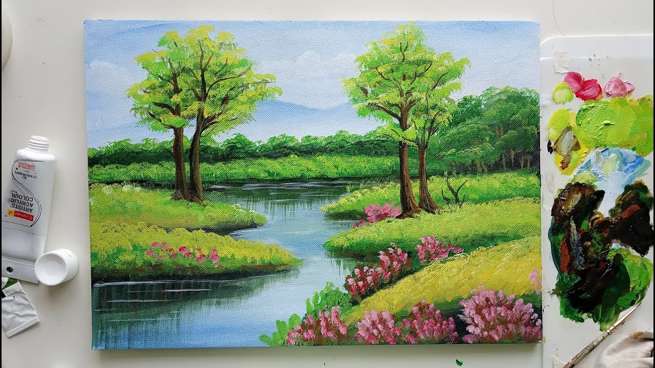 Acrylic Landscape Painting
 Trees in a Beautiful Landscape