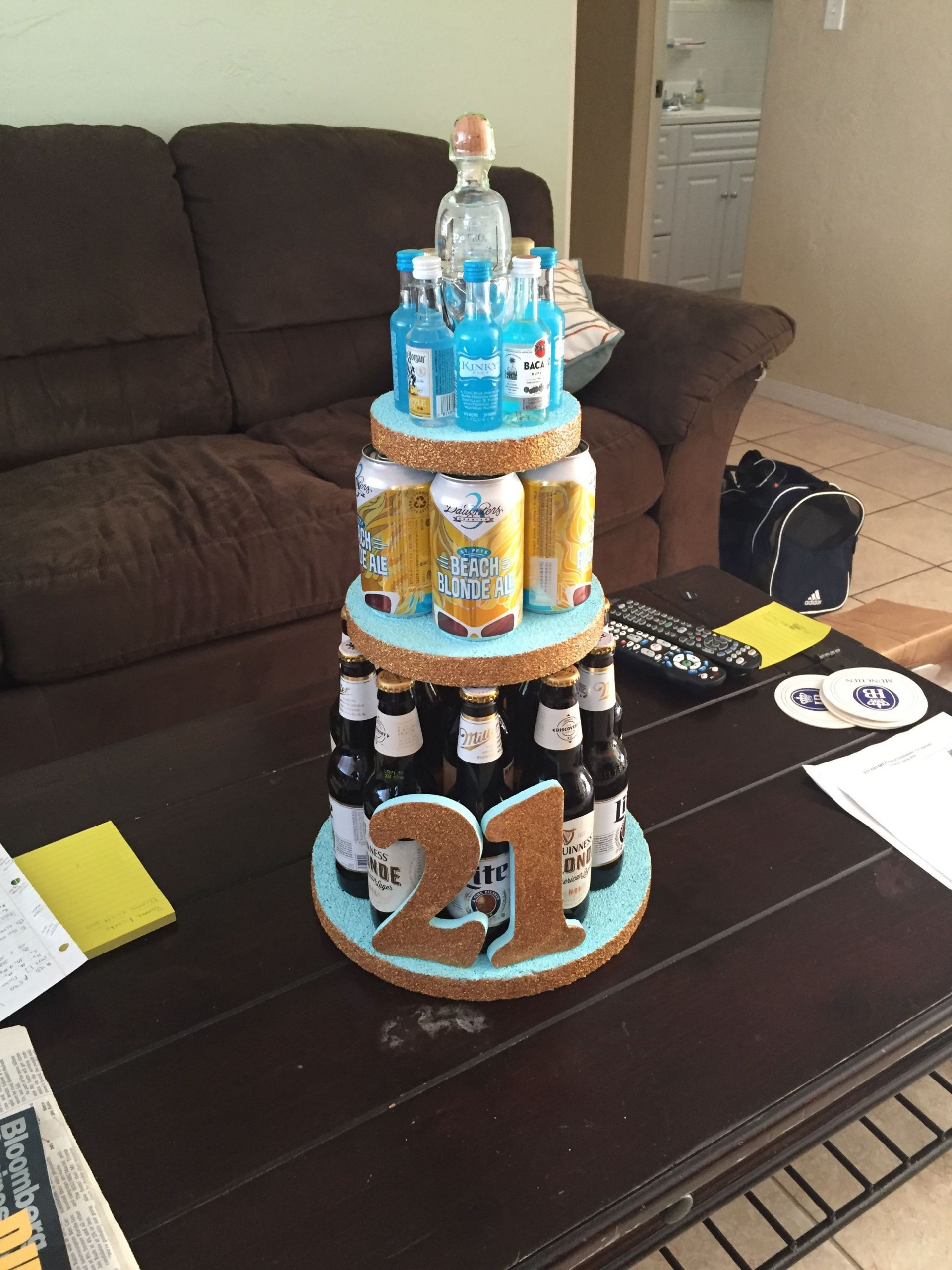 Alcohol Birthday Cake
 Alcoholic cake tower for my best friends 21st birthday