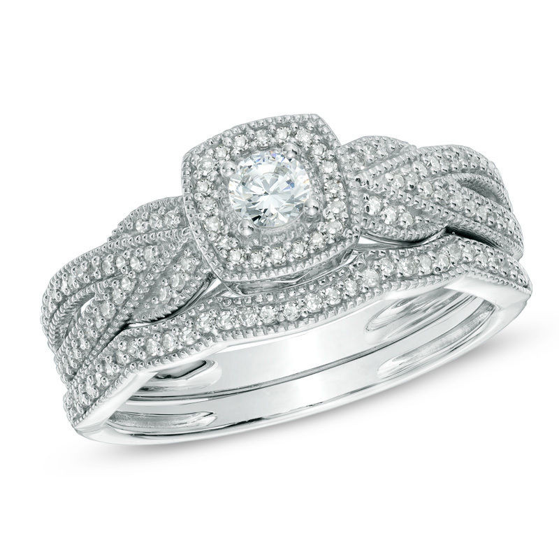 Antique Wedding Ring Sets
 White Gold Halo Antique Vintage Style Round Diamond