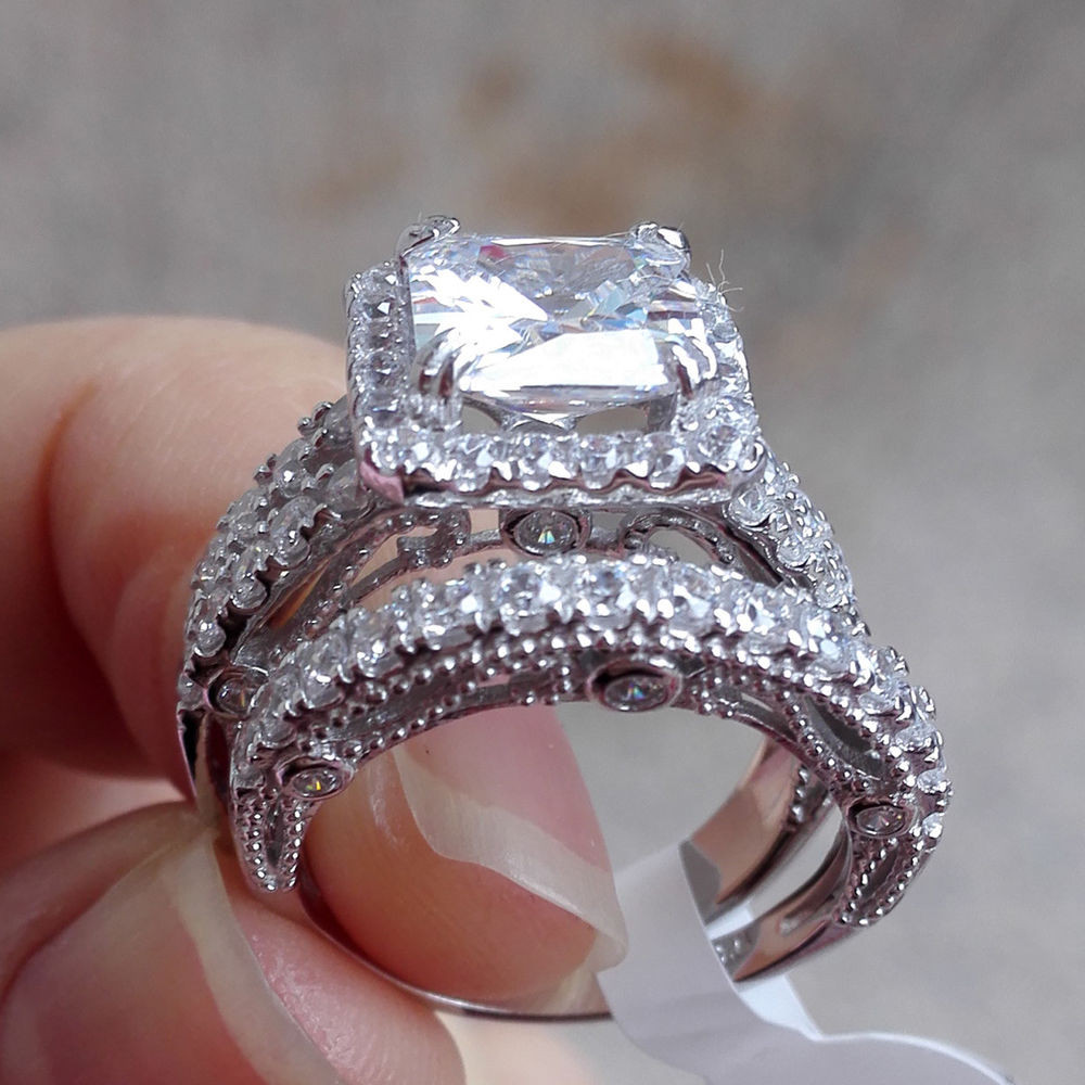Antique Wedding Ring Sets
 3 50 Ct Vintage Princess White CZ 925 Sterling Silver