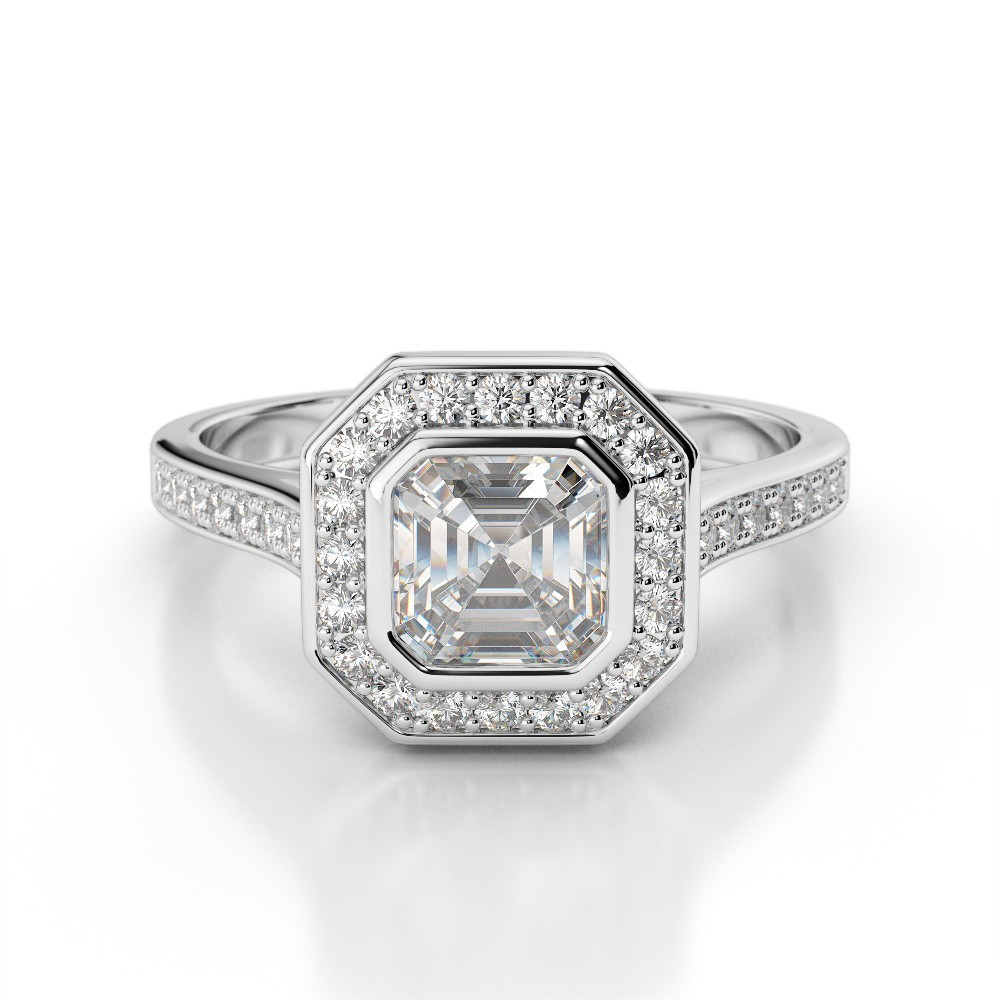 Asscher Cut Diamond Engagement Rings
 Asscher Cut Diamond Halo Engagement Ring With Side Stones