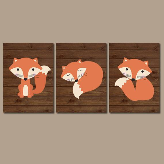 Baby Fox Decor
 FOX Wall Art Woodland Nursery Artwork Forest Animals Boy