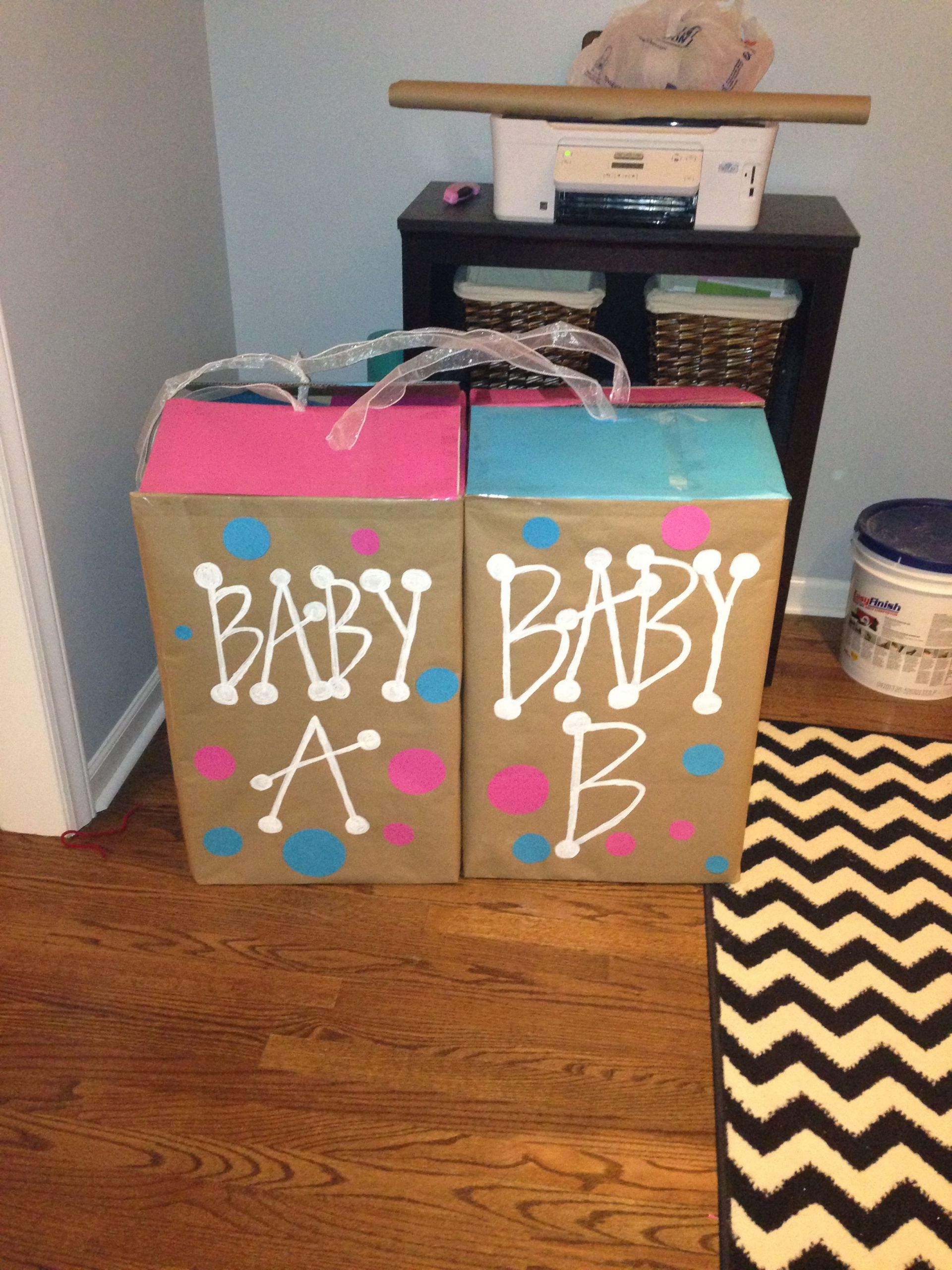 Baby Gender Reveal Party Ideas For Twins
 Baby a and baby b gender reveal boxes For twins