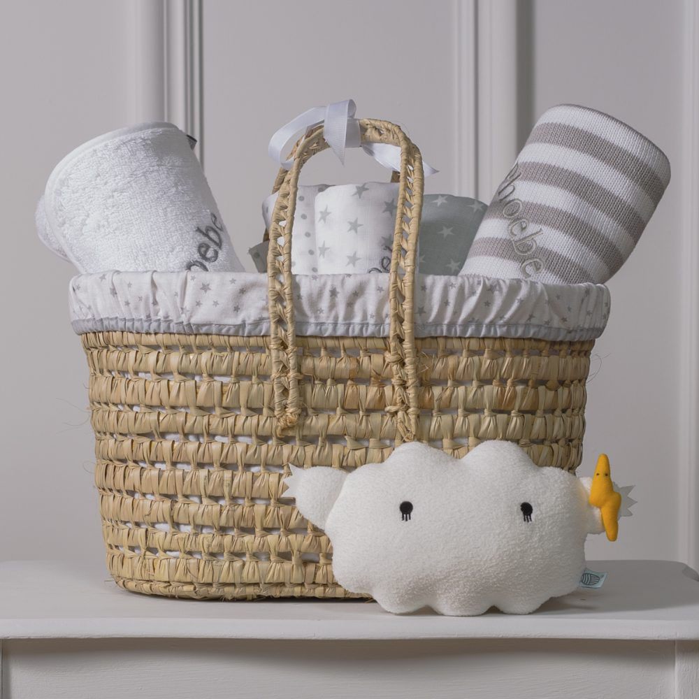 Baby Gifts Uk
 Personalised white and grey baby t basket with cloud