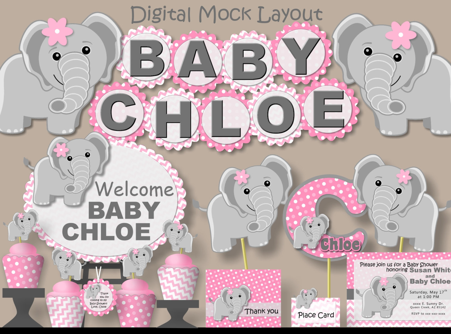 Baby Girl Elephant Decor
 Pink Baby Girl Elephant Baby Shower Banner or First Birthday