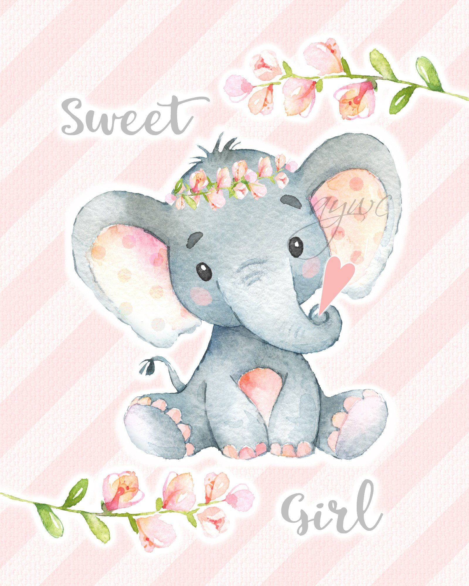 Baby Girl Elephant Decor
 SWEET GIRL Elephant Wall Art Watercolor Elephant Wall