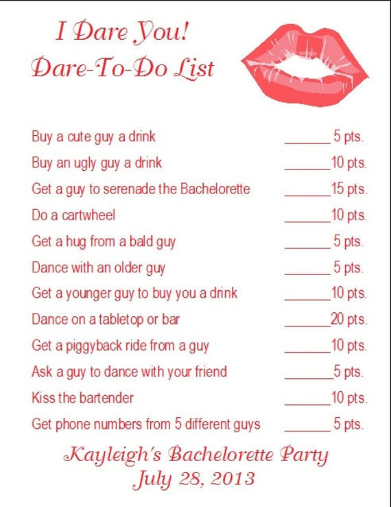 Bachelorette Party Dares Ideas
 24 Personalized I DARE YOU Bachelorette Party Game