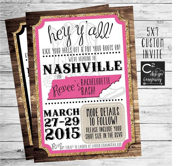 Bachelorette Party Ideas Nashville Tn
 Gold Glitter Nashville Bachelorette Party Invitation