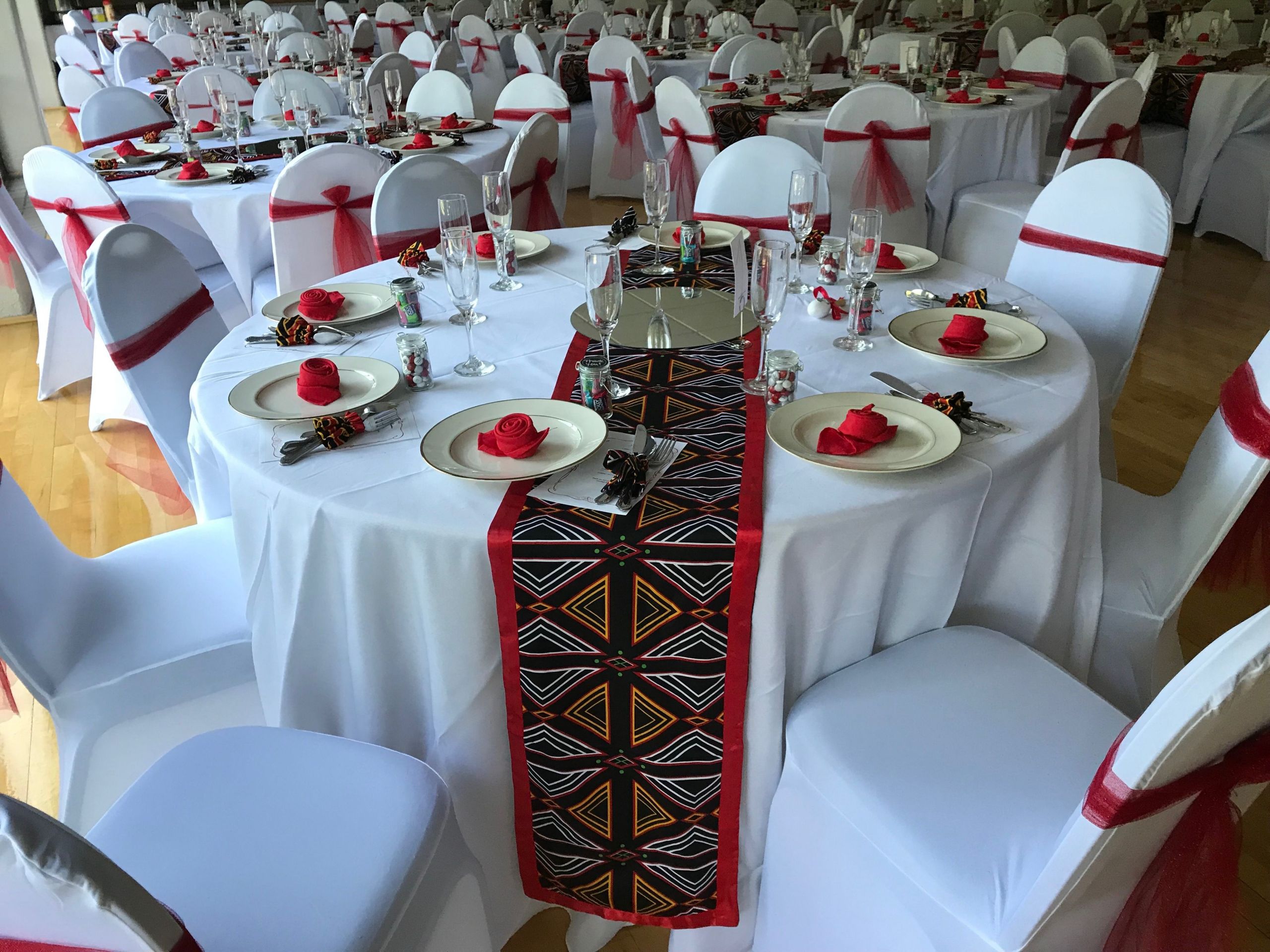 Backyard Engagement Party Decoration Ideas Africa
 Bamenda Toghu African Print table runners Black Red
