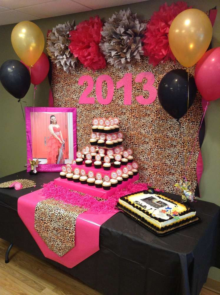 Backyard Graduation Party Ideas Pink And Black Gold Table Set Up
 Hot pink gold black and leopard print Graduation End of