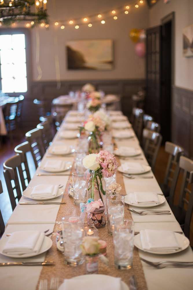 Backyard Graduation Party Ideas Pink And Black Gold Table Set Up
 Gorgeous table at a pink & gold baptism party See more