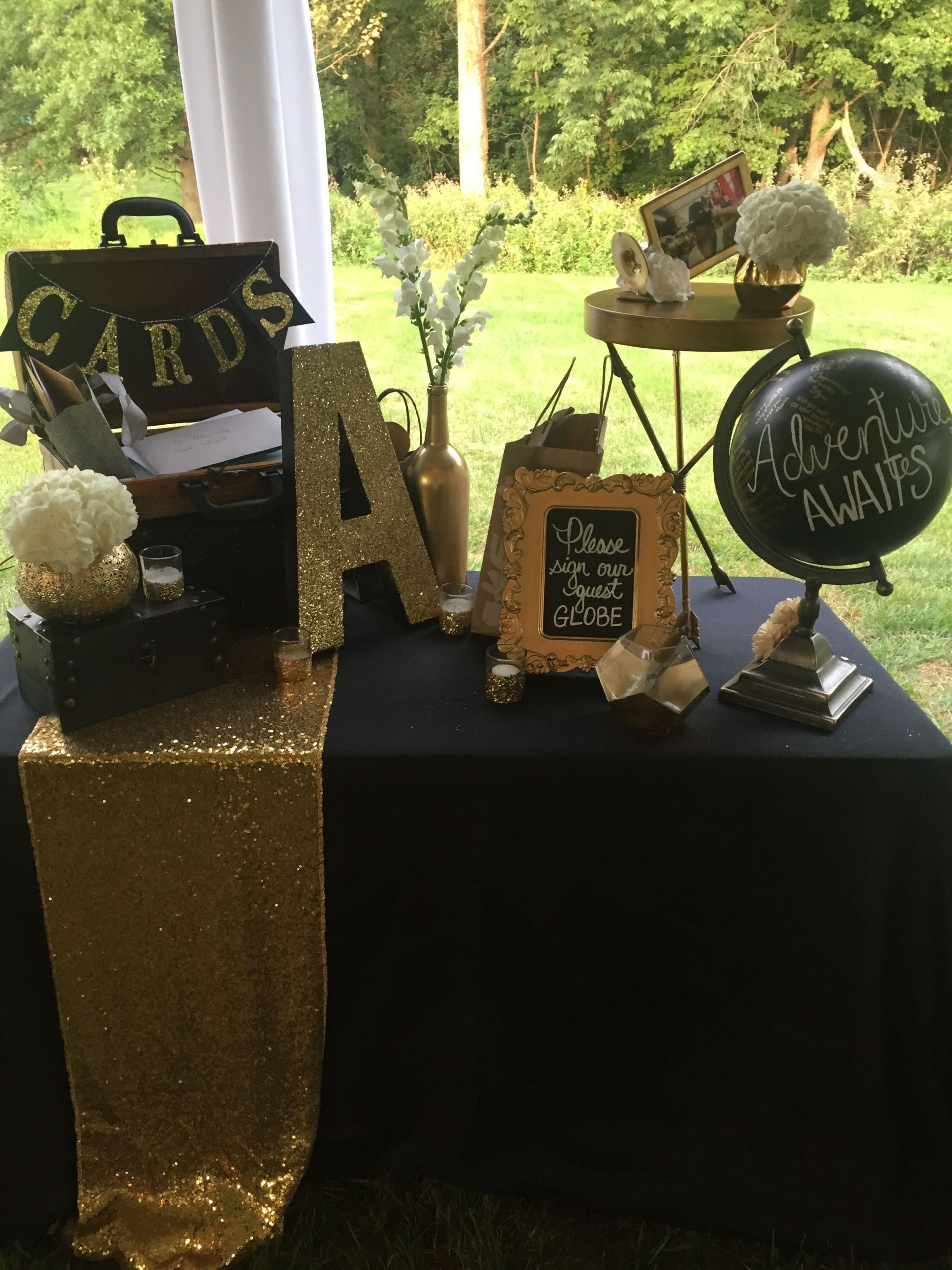 Backyard Graduation Party Ideas Pink And Black Gold Table Set Up
 Cards and Guest Globe Set up Graduation Party Travel