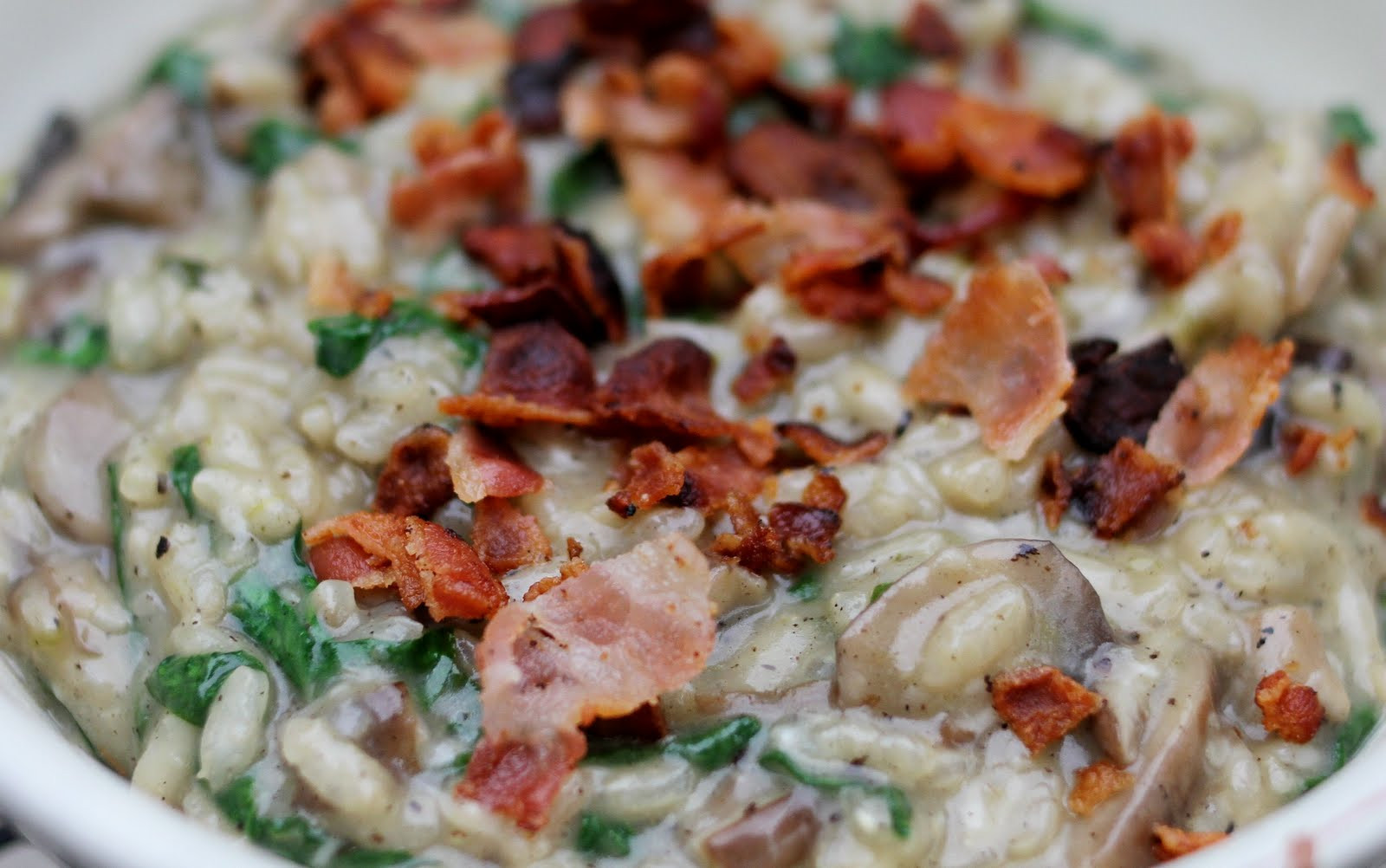 Bacon Mushroom Risotto
 My Menu Bacon and Wild Mushroom Risotto with Baby Spinach