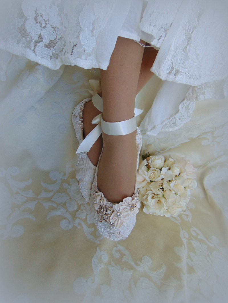 Ballerina Shoes For Wedding
 Bride Princess Ballet Slippers Lace Bridal Flat ShoeLace
