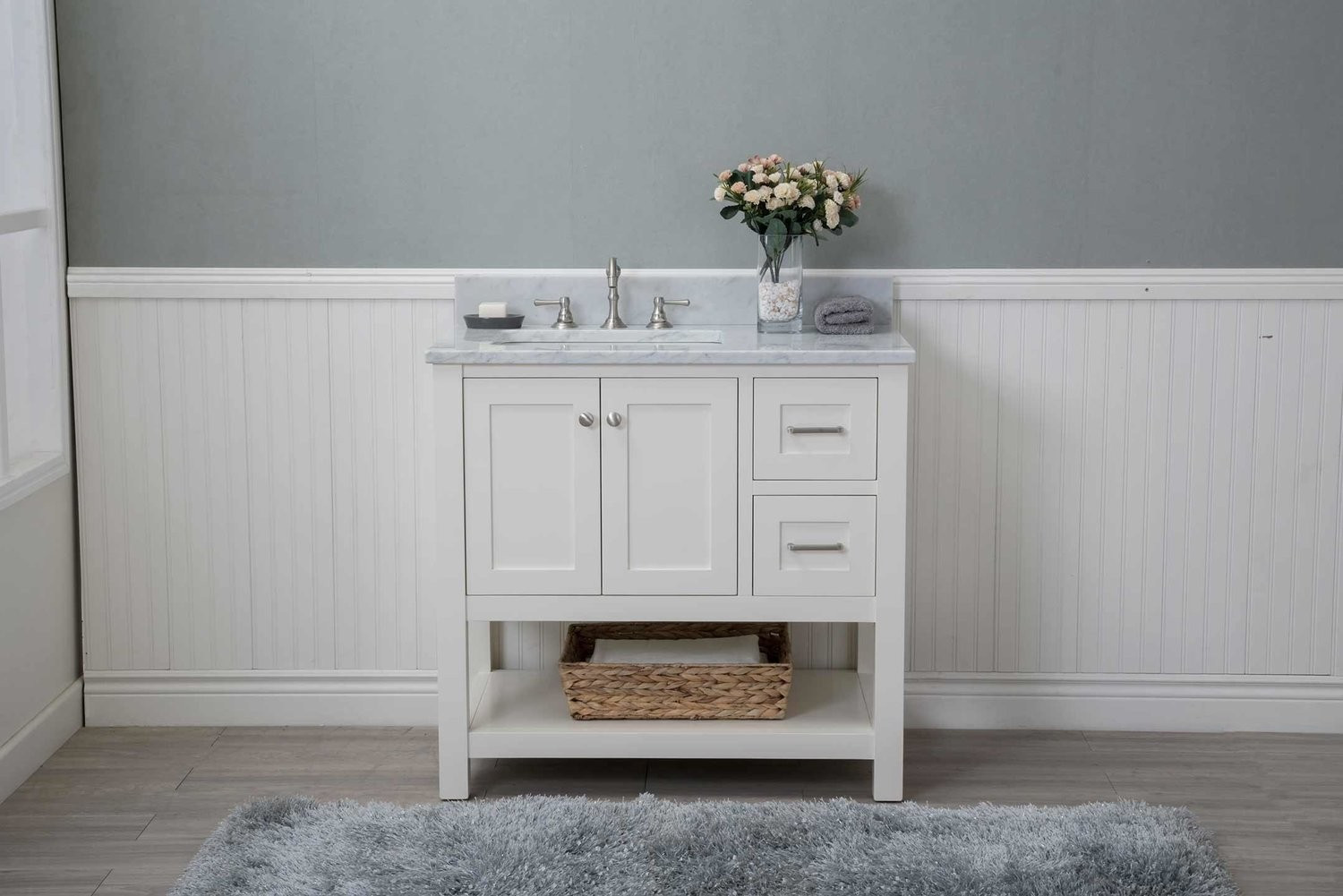 Bathroom Cabinet Shelves
 White Shaker 36" Bathroom Vanity Open Shelf w Marble Top