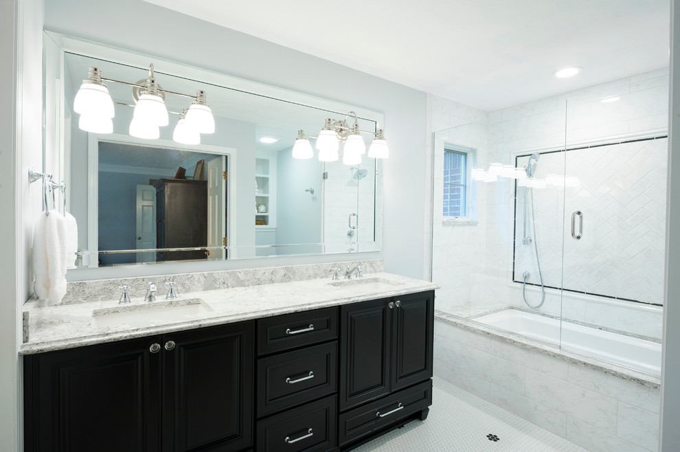 Bathroom Cabinets And Countertops
 Traditional master bathroom with dark cabinets and white