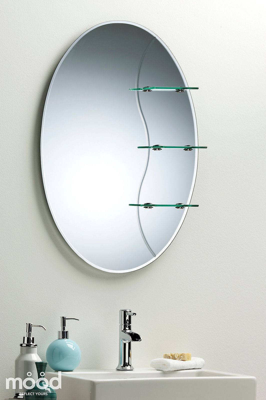 Bathroom Mirror With Shelf Attached
 Etched BATHROOM MIRROR Elegant Oval WITH SHELF Wall