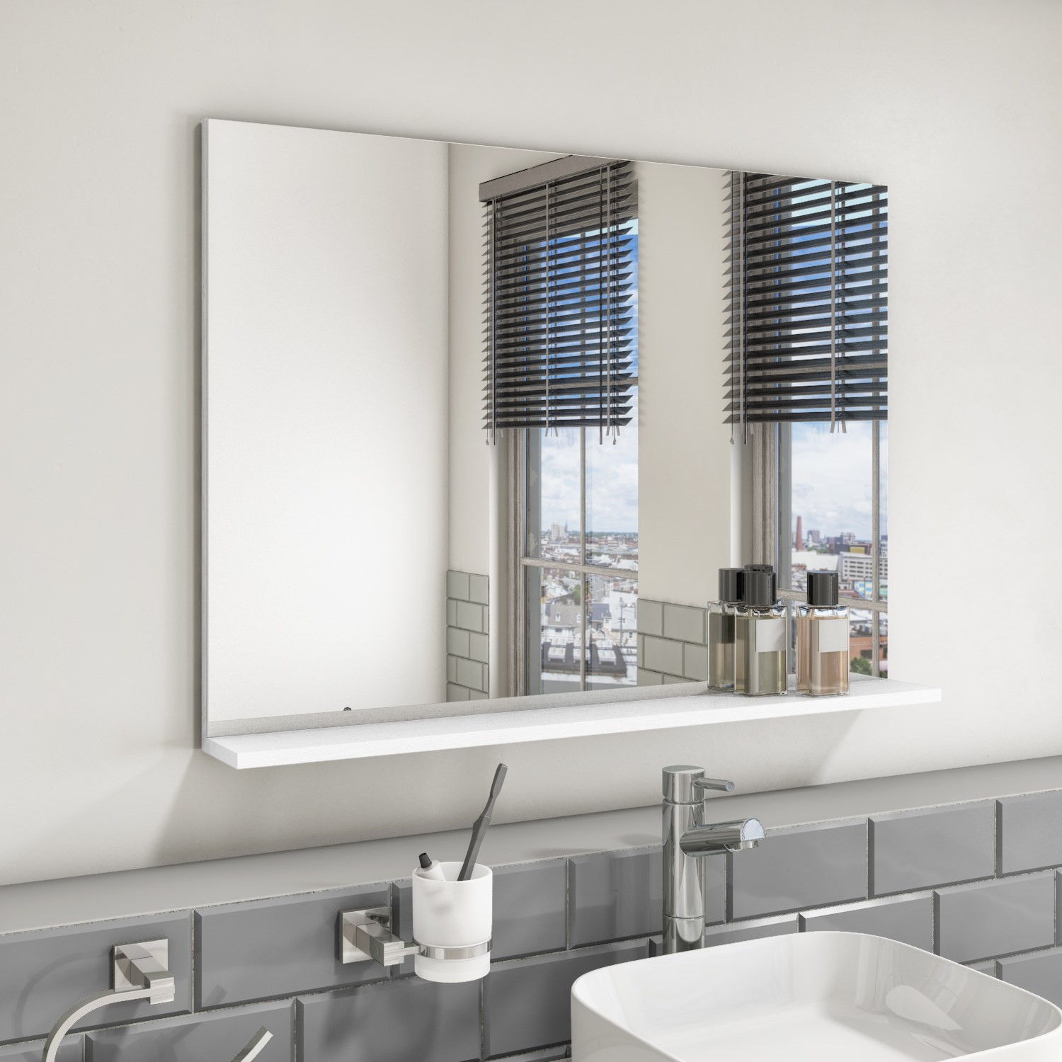 Bathroom Mirror With Shelf Attached
 900mm Wall Mounted White Oak Mirror with Shelf Landscape