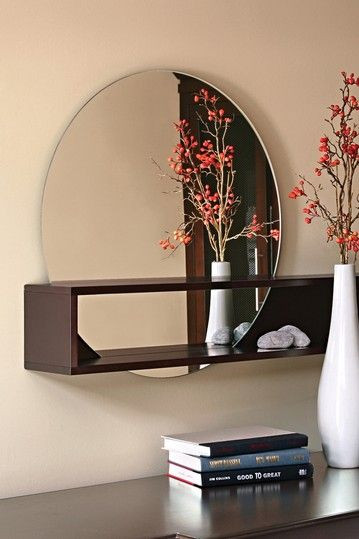 Bathroom Mirror With Shelf Attached
 This 24" round mirror with wood shelf attached is