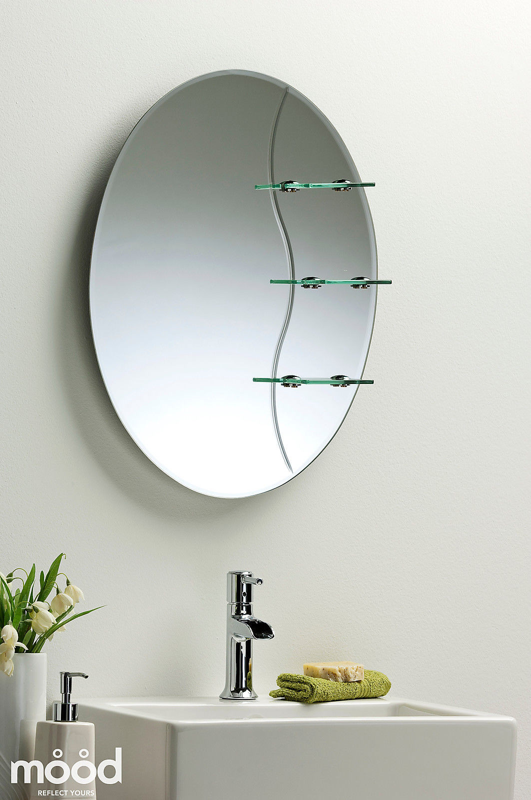 Bathroom Mirror With Shelf Attached
 Etched BATHROOM MIRROR Elegant Oval WITH SHELF Wall