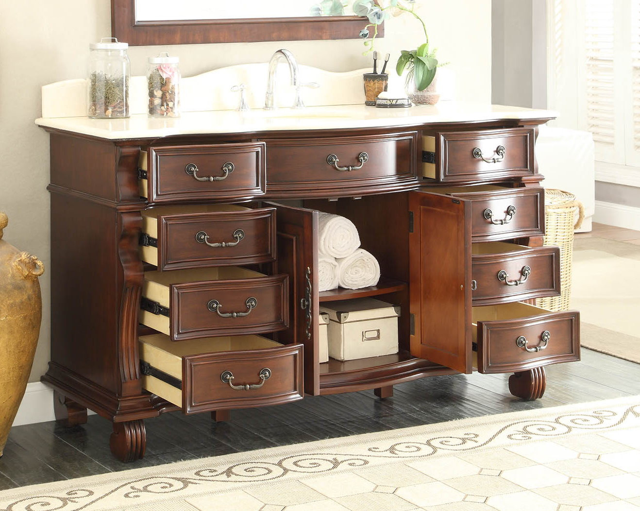 Bathroom Single Sink Vanity Cabinet
 60 inch Single Sink Bathroom Vanity 8 Drawers Light Cherry