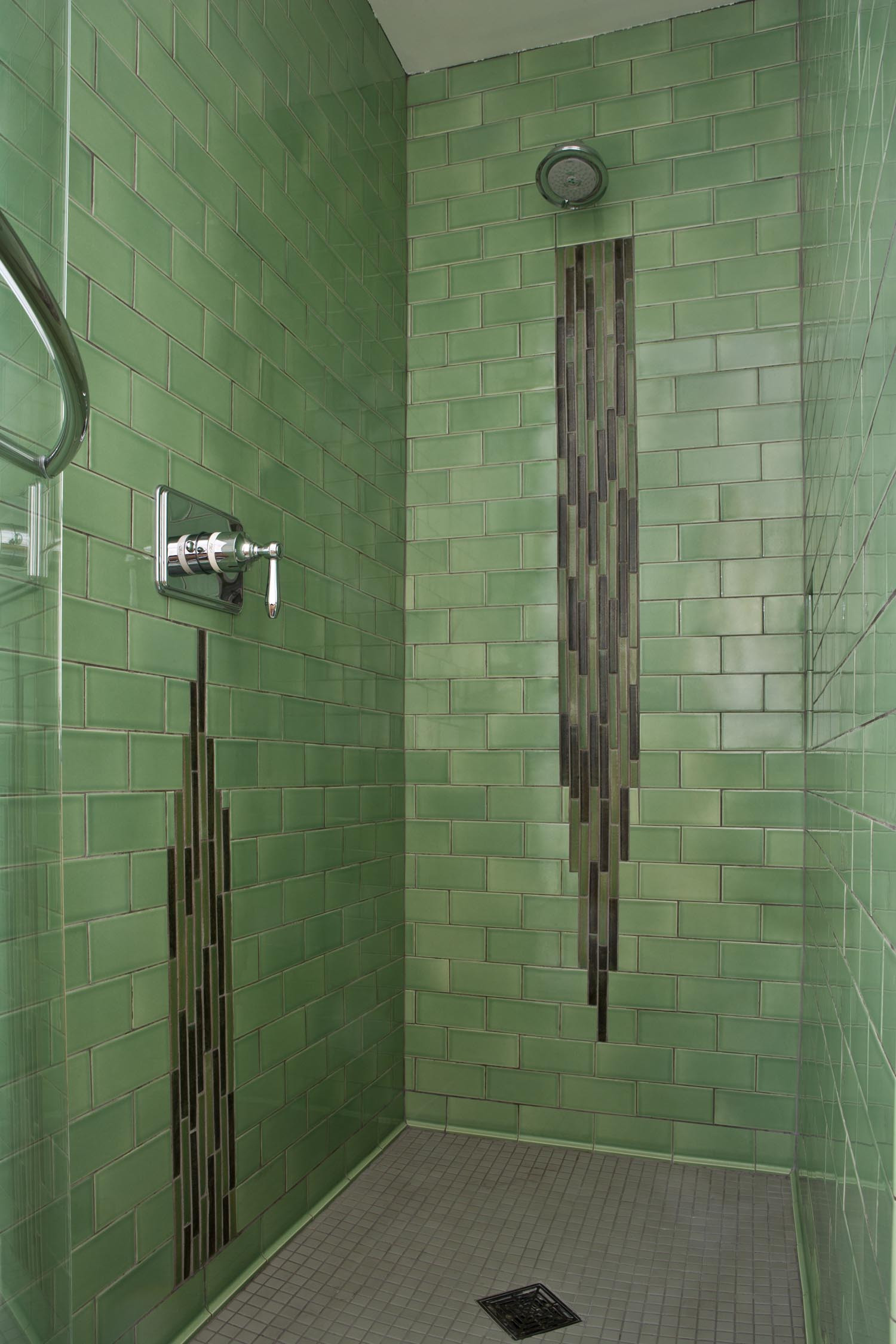 Bathroom Tile Shower
 Deep Jade Green Waterfall Tile Shower Mid Century