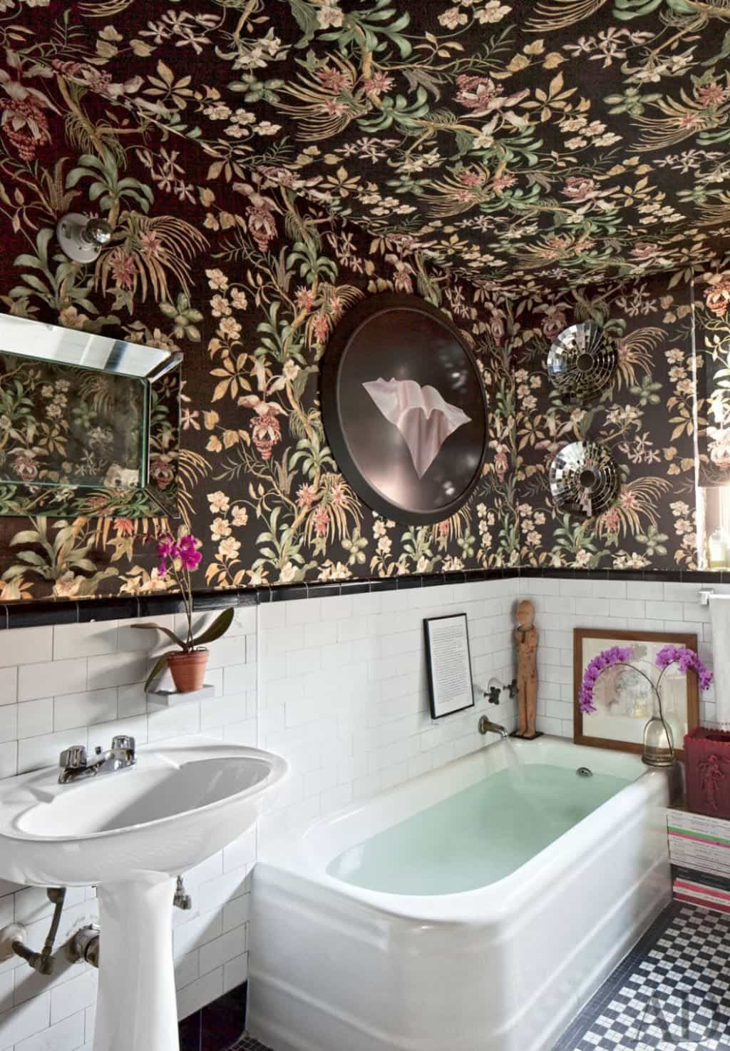 Bathroom Tile Wallpaper
 Exotic Bathroom With Wallpaper And Subway Tiles Bathroom