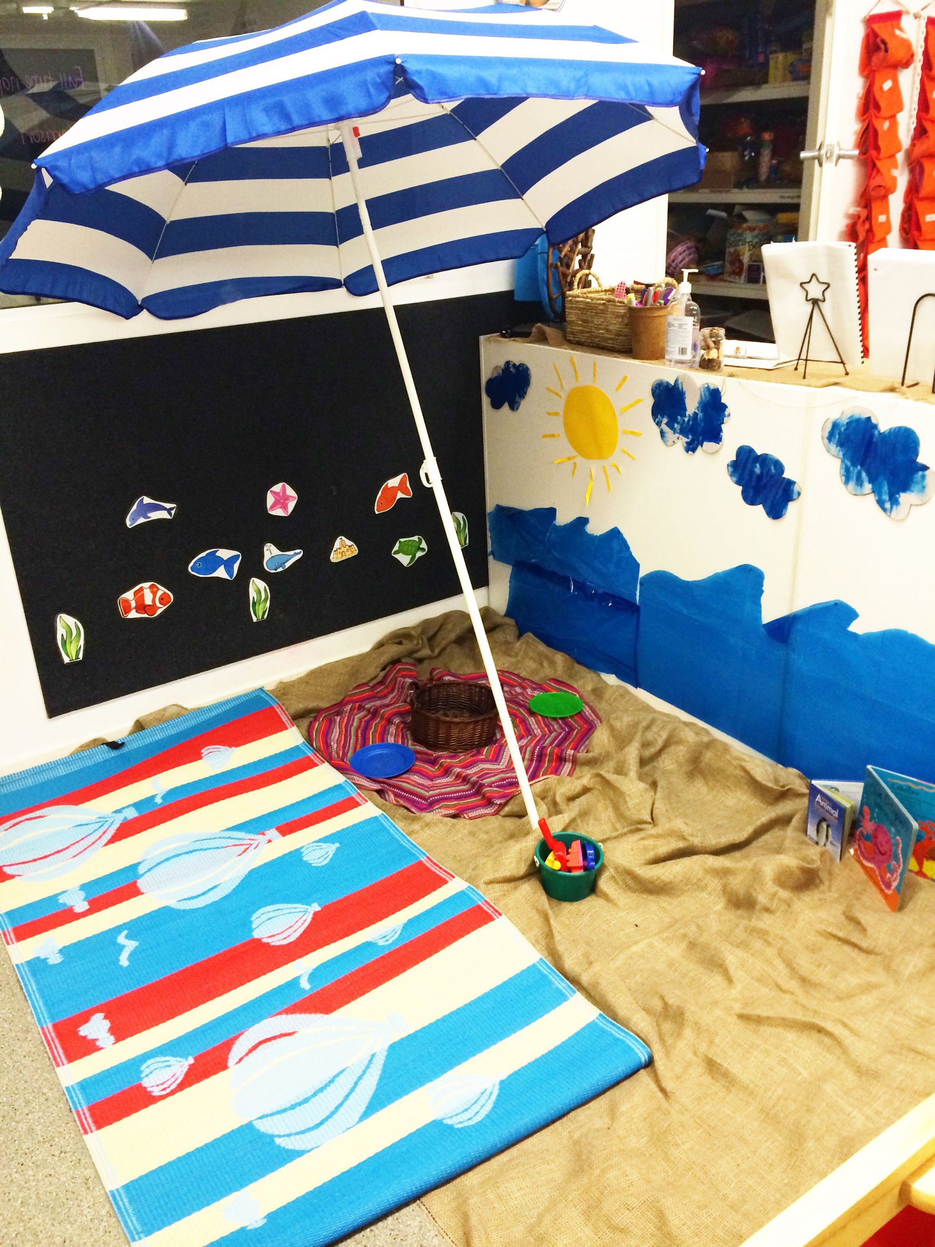 Beach Party Ideas For Kindergarten
 Beach theme area at preschool we also added shells and