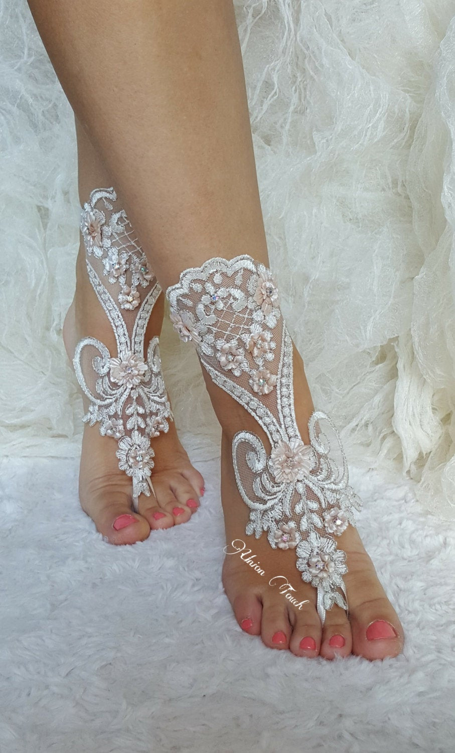 Beach Wedding Sandals For Bride
 Ivory Silver Lace Barefoot Beach wedding barefoot sandals