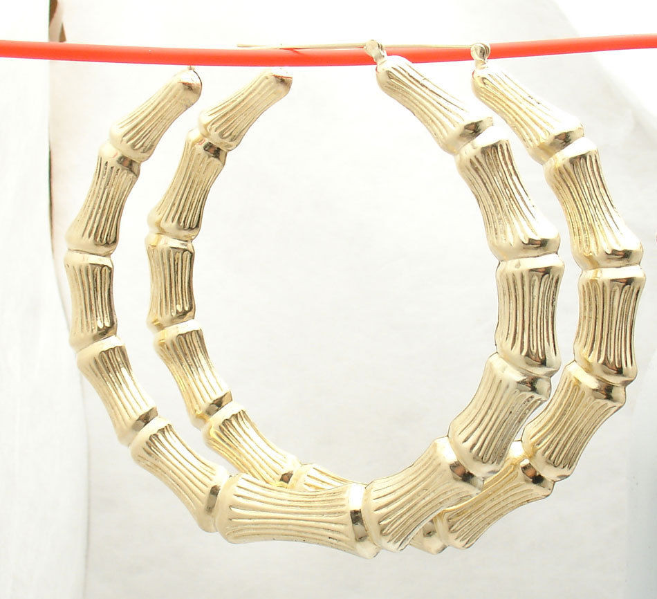 Big Gold Earrings
 3" 75mm Huge Graduated Bamboo Hoop Earrings REAL 10K