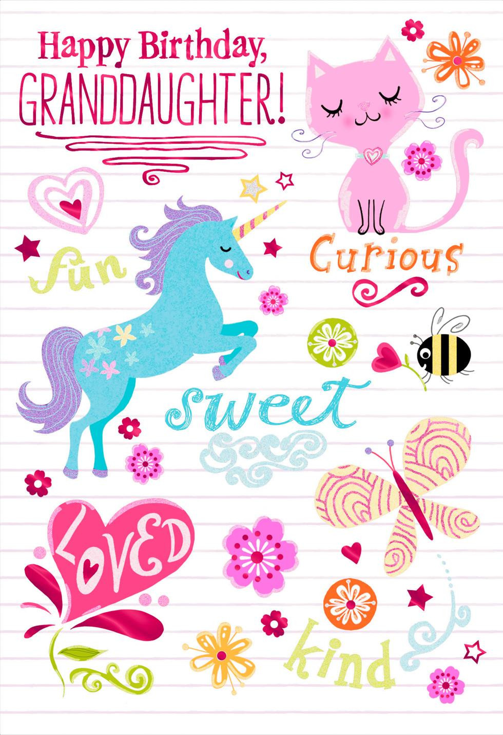 Birthday Cards Pictures
 Unicorn and Cat Birthday Card for Granddaughter Greeting