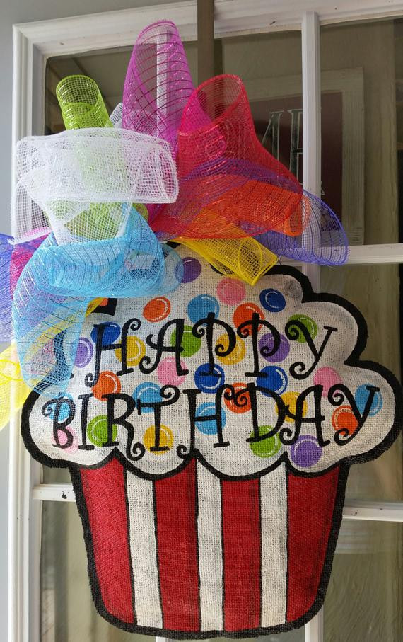 Birthday Door Decorations
 Cupcake burlap door hanger Happy Birthday door hanger