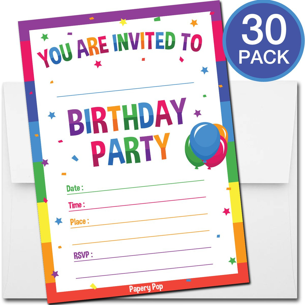 Birthday Party Cards
 30 Colorful Rainbow Birthday Invitations with Envelopes