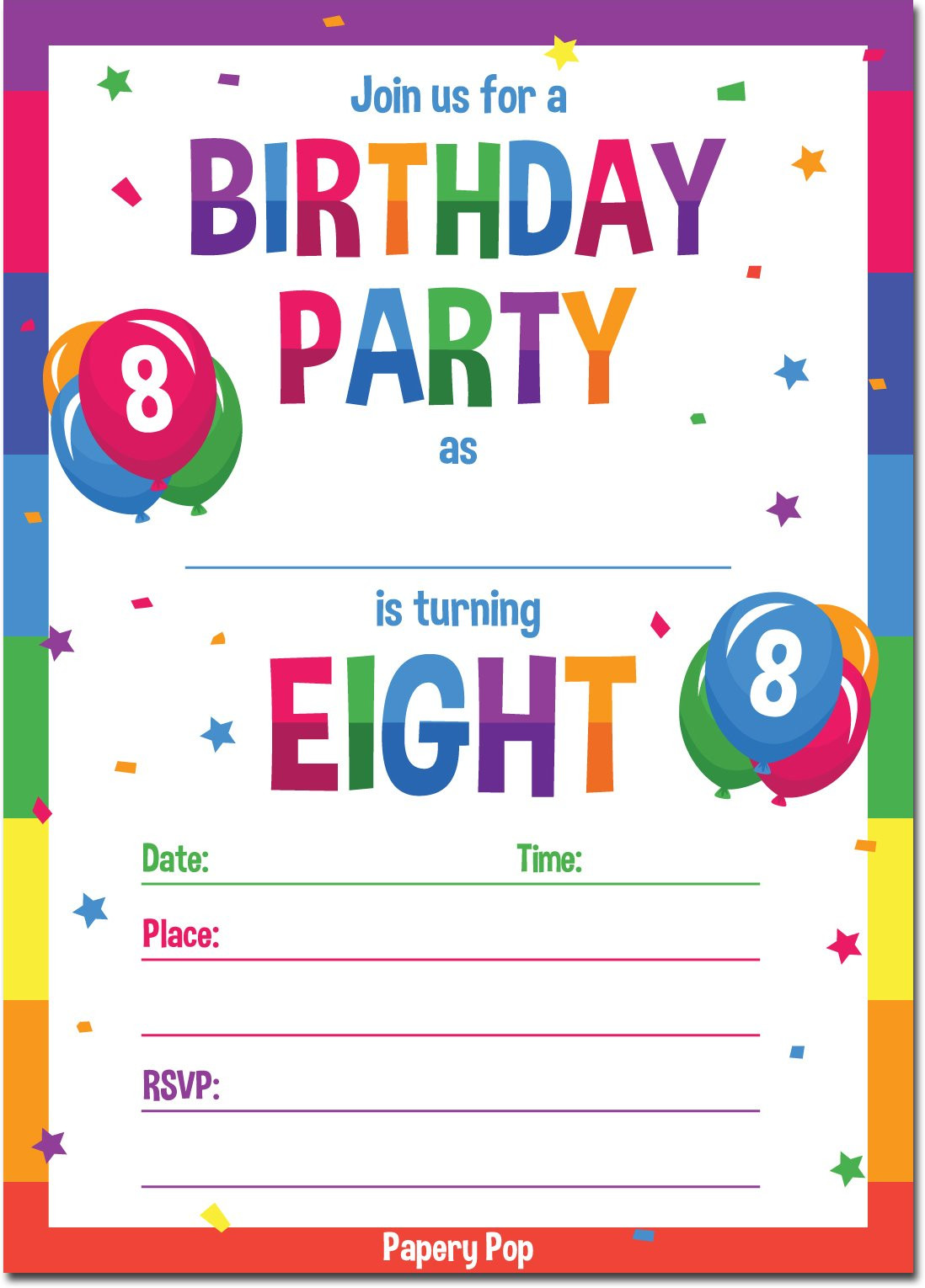 Birthday Party Cards
 8 Year Old Birthday Party Invitations with Envelopes 15