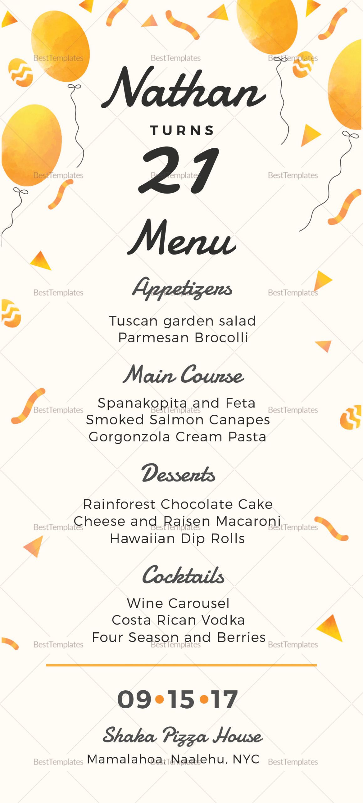 Birthday Party Food Menu
 Birthday Party Menu Design Template in PSD Word