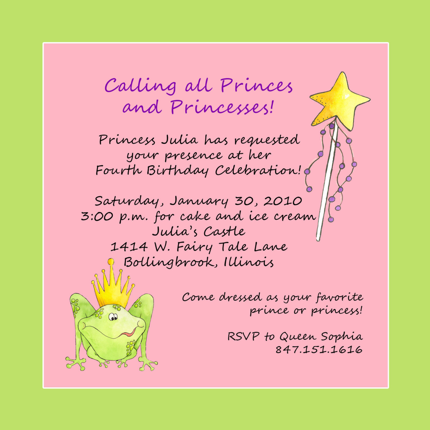 Birthday Party Invitation Wording
 Princess Theme Birthday Party Invitation Custom Wording